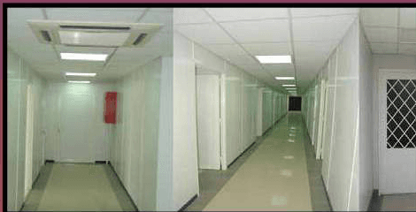 Interior corridor of a prefabricated building.